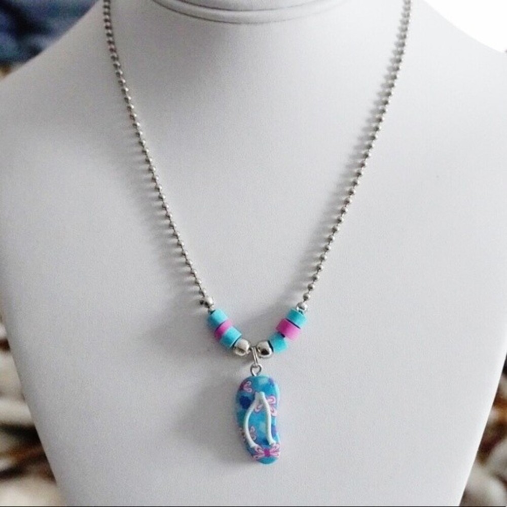 Flip Flop Charm Necklace Blue Purple Silver Tone